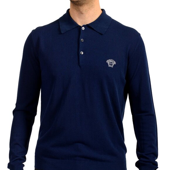 Versace Men's Blue Medusa Piquet Embroidery Knit L/S Polo Shirt US XL IT 54